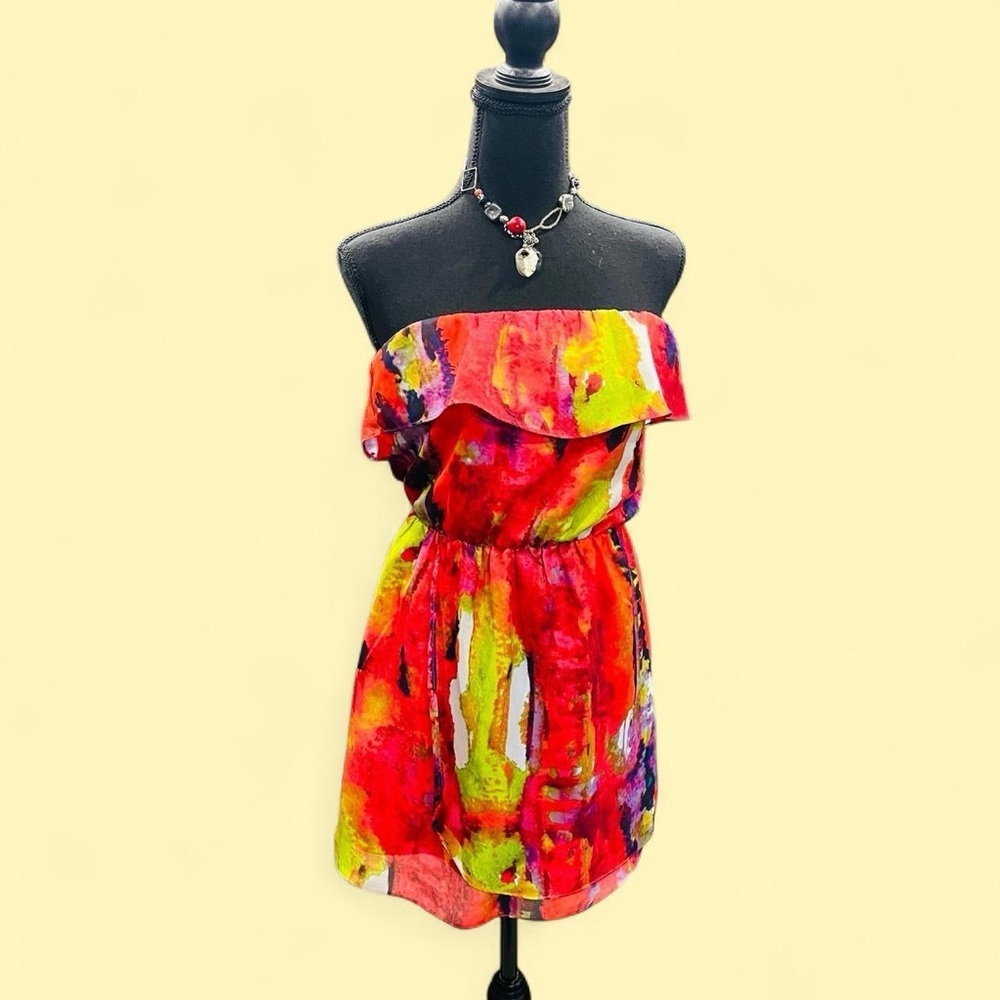Beach Artsy Tribal Party Spicy Latin Vacay Strapless Abstract Red Mini Dress XS